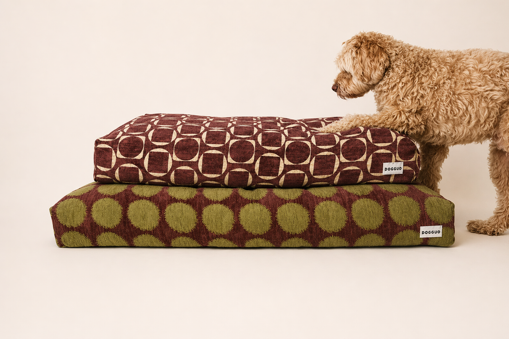 Dogguo hondenkussen - retro print - bruin/geel